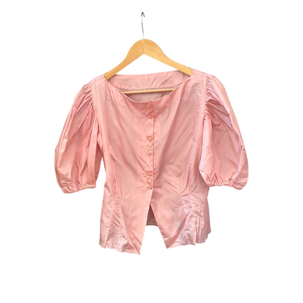 Vintage Pink Taffeta Blouse Coquette Regencycore Puff Sleeve Sophisticted Sheen